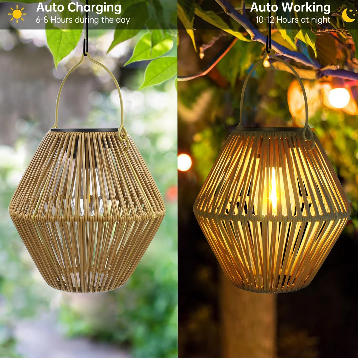 Boho Rattan Solar Hanging Lantern (IP65)
